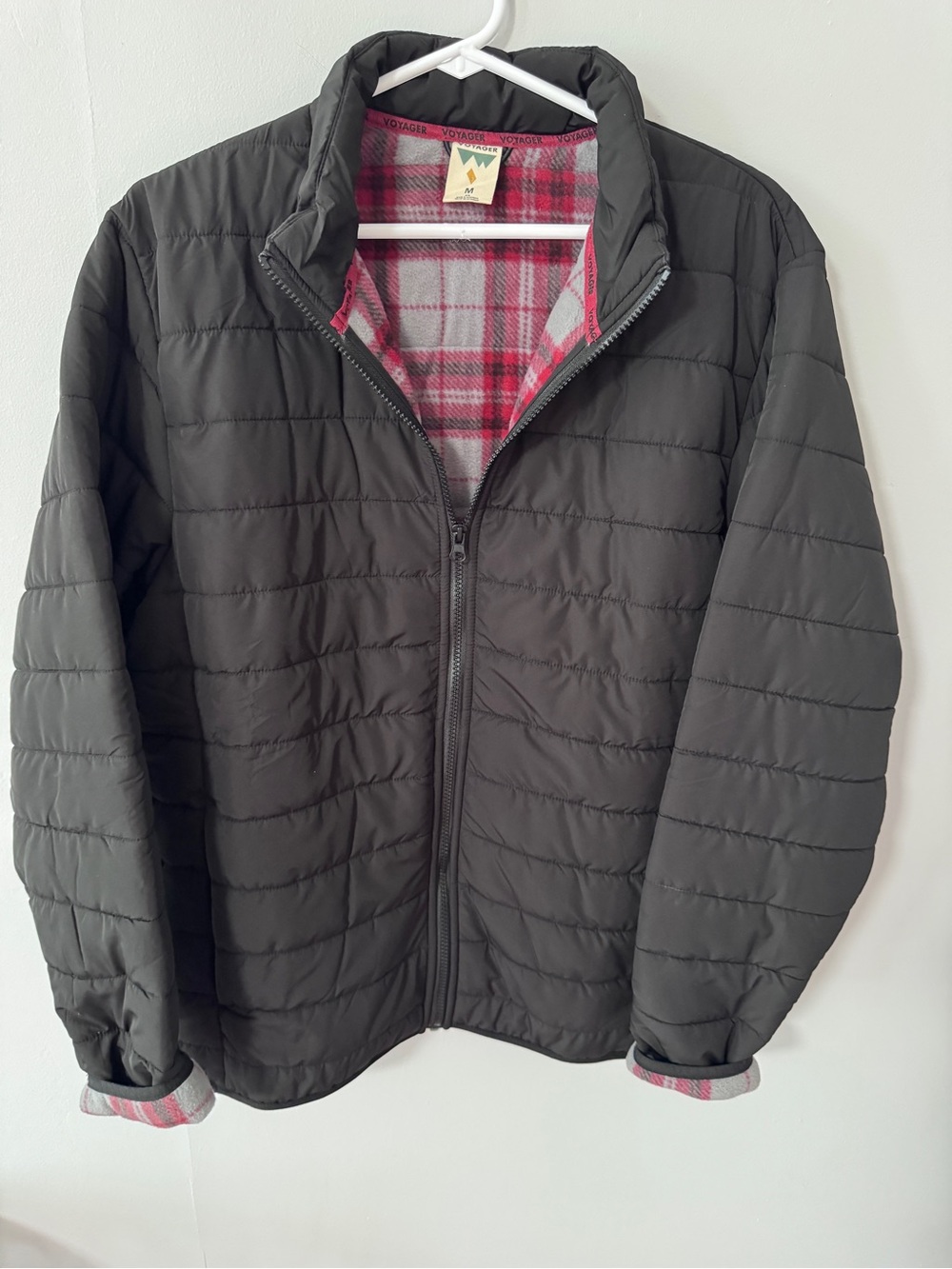 Men's Quilted Black Jacket with Pink Plaid Lining